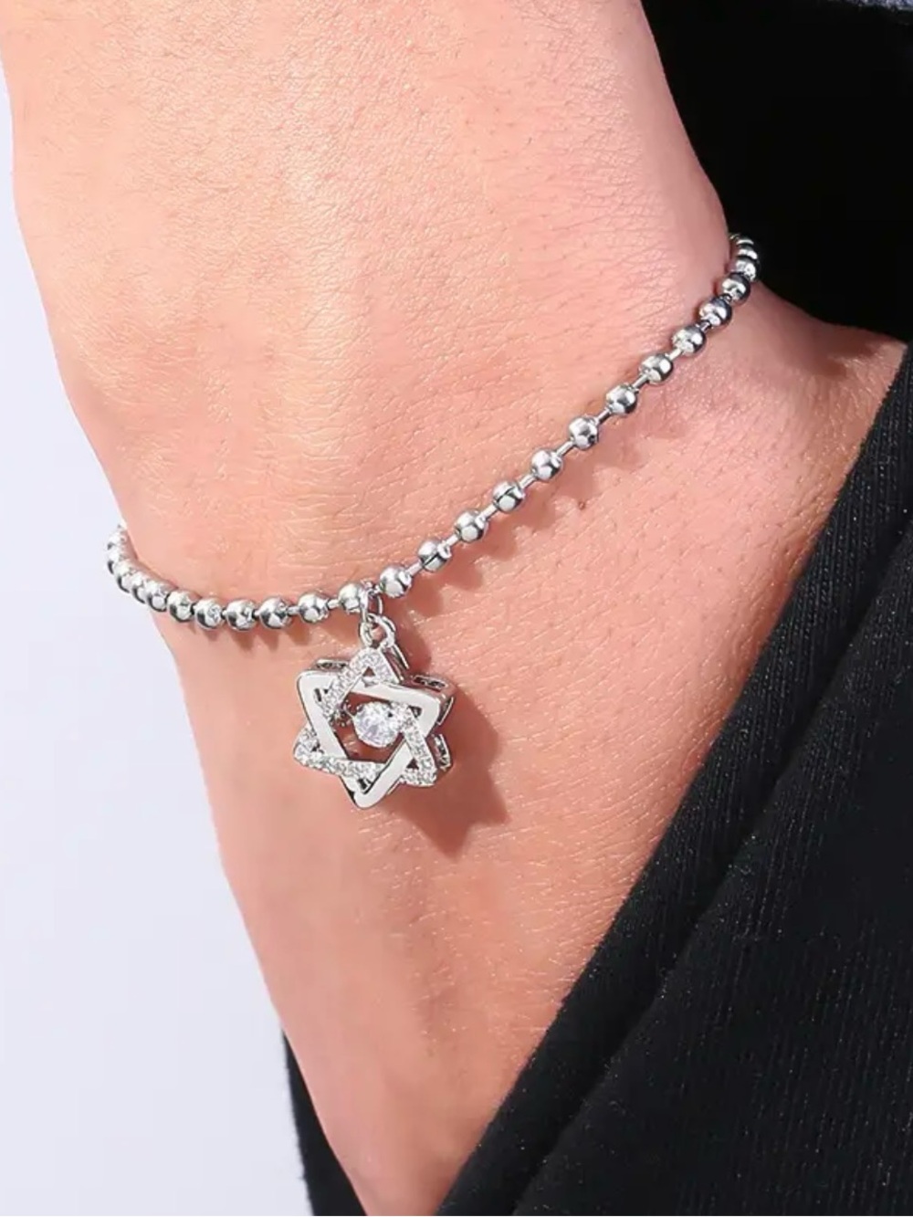 Stainless Steel Silver Star of David Beaded Charm Bracelet - Silver